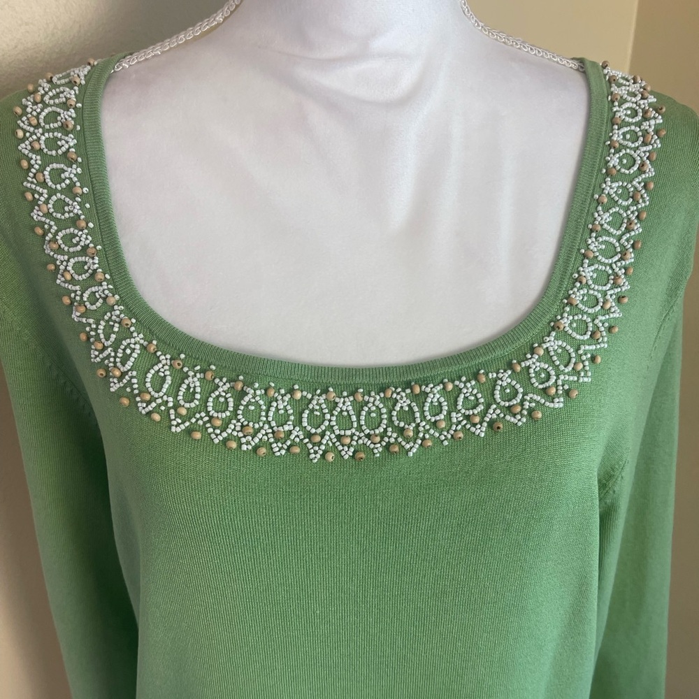 Silk Blend Beaded Knit Sweater XL Mint Green 3/4 Sleeve Quiet Luxury Coastal Top - Picture 6 of 11